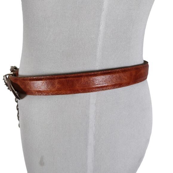 Vintage RJ Graziano Brown Leather Belt Silver Filigree Buckle Swag Chain L main image 13